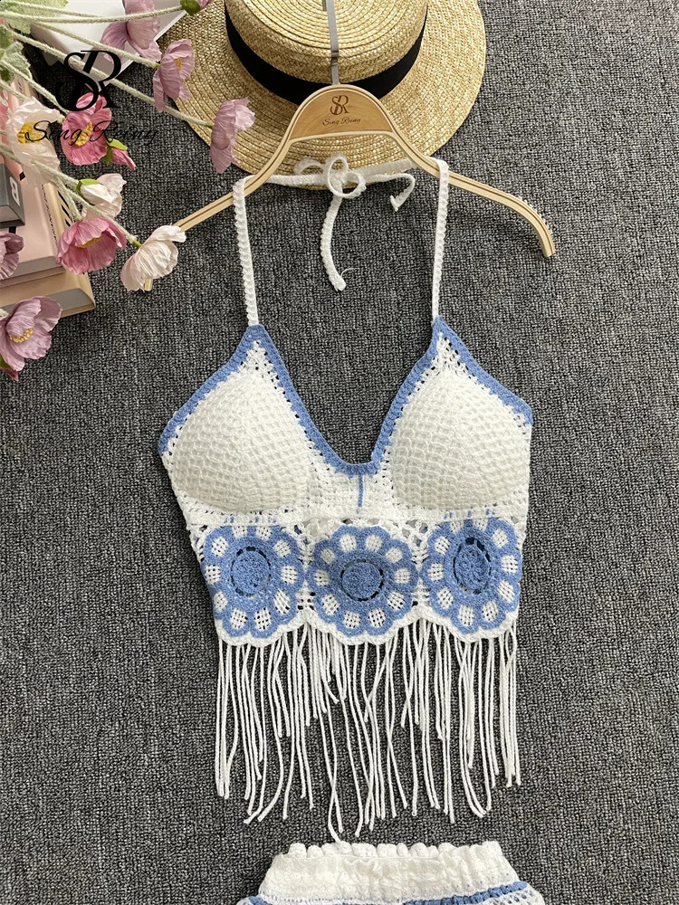 SINGREENY Summer Sexy Beach Set Fashion Strap Tassel Tank TopElastic Wide Leg Shorts Hollow Casual Two Piece Set 250318