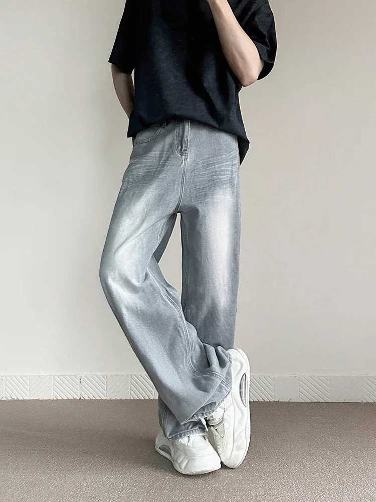Mens Retro Grey Pocket Jeans Fashion Straight Harajuku Casual Y2k Pants High Street Wide Denim Trouser Mens Fashion BrandT250319