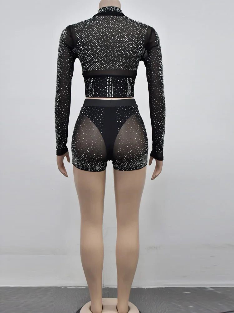 Beyprern Sparkle Crystal Embossed Top and Matching Shorts Set Womens Diamond Two Piece Birthday Dress Sexy Club 250320