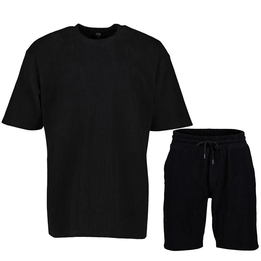 Mens Summer Sports and Leisure Solid Color Stripe Set Loose Crew Neck Short Sleeve Drawstring Shorts Two Piece 250317