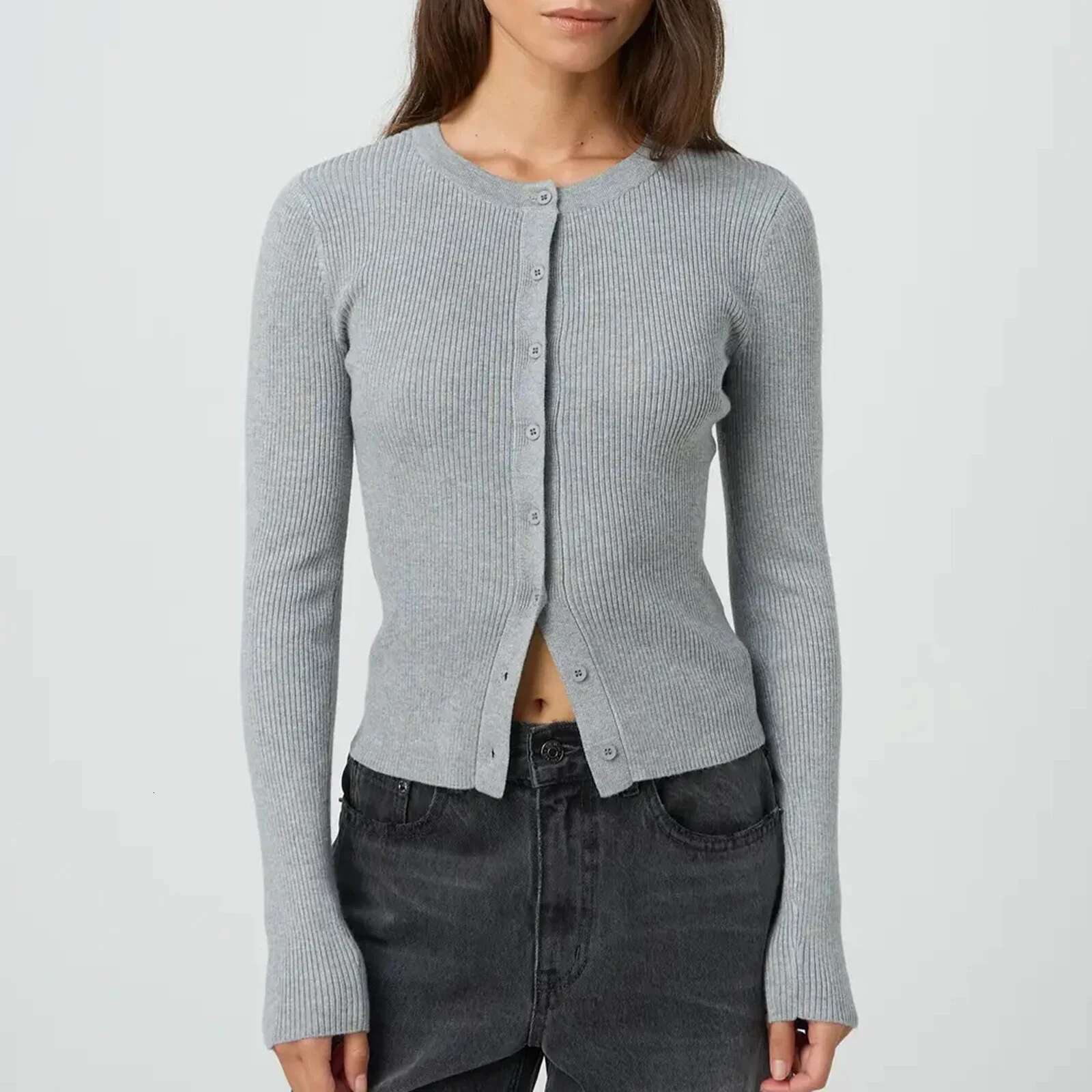 Women Autumn Winter Cardigan Long Sleeve Round Neck Button Up Ribbed Knitwear Slim Sweater
