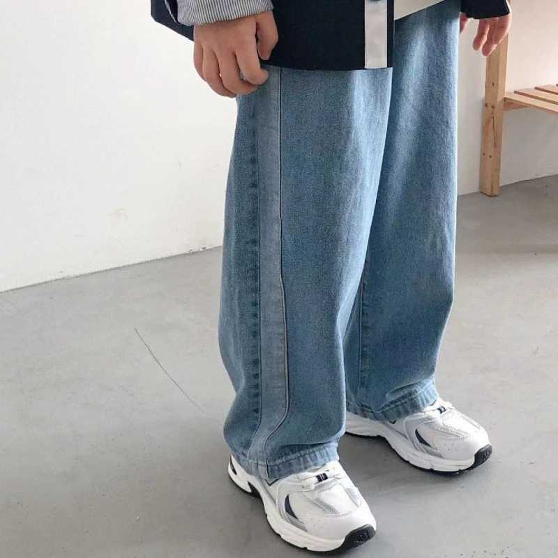 2024 Autumn New Kids jeans Contrast color side edges Boys straight denim Trousers Girls loose casual pantsT250326