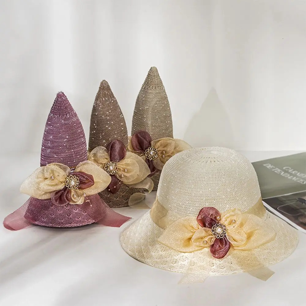 Pearl Flower Beach Hats Casual Women Lace Caps Fashion Spring Summer Sun Hat Sunscreen Outdoor Travel Female Straw Hat 250320