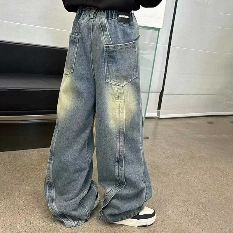 Teenage girl pants with fashionable patchwork design floor jeans Trouser childrens wide leg jeans 6 8 10 12 14-year-old childrens bottomT250326