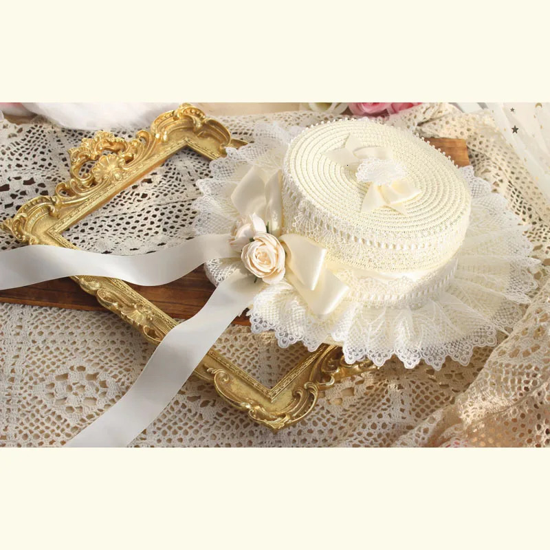 Lolita Straw Hat Mori Sweet Bow French Girl Flower Sun Hat Lolita Flat Hats 250320