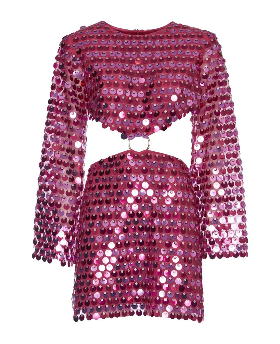 Sequins Hollow Out Mini Dress Womens Fashion Long Flare Sleeve Slim Glitter Dresses High Street Evening Party Club 250317