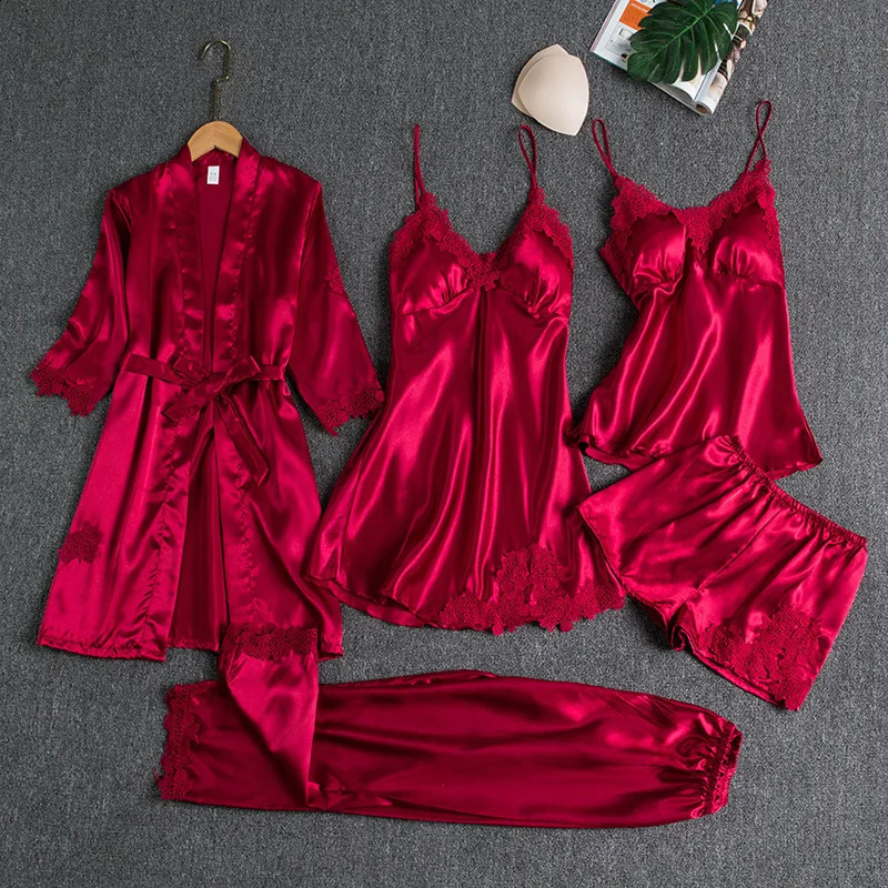 5PC sexy and fashionable silk sleepwear set with lace satin for spring ansummer womens clothing camisole skirt pajama bathrobe 250319