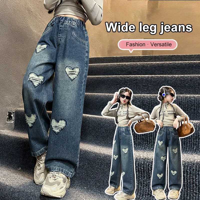 Teenage Girls Black Jeans 2024 Trendy Street Hole Shattered Tear Heart Straight Narrow Loose Wide Leg Pants Teenage Teen TrouserT250326