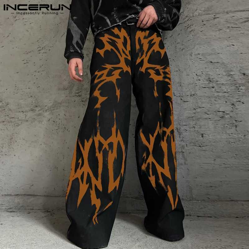 INCERUN Mens Street Loose Pants 2024 Casual Printed Wide Legs Trouser Gradient Pattern Mens Button BottomT250319