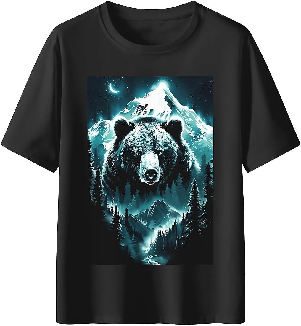 T shirt for Mens Mens Novelty T-Shirts Forest Bear Graphic 2D Print Summer Short Sleeve Graphic Tee Casual Tops Clothes Short sleeve cool