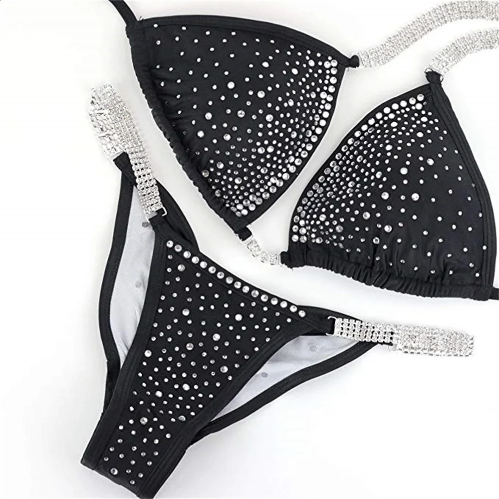 NPC IFBB Competition Bikini Set for Women Rhinestone Connector Scrunch Bikini Sky Blue 250314