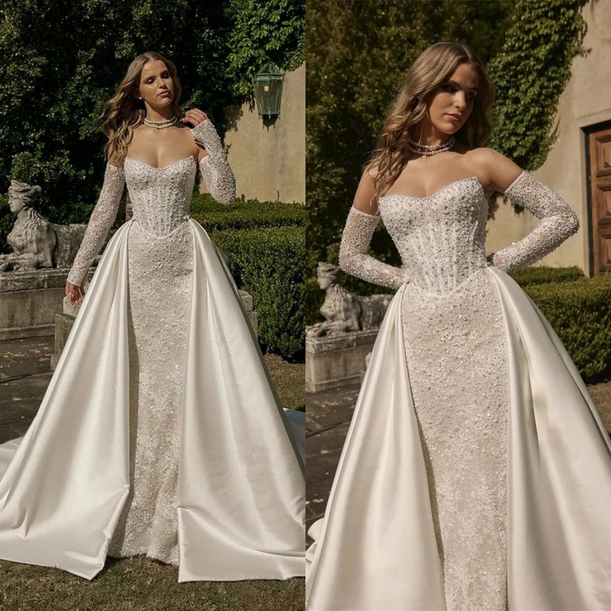 Elegant Women Wedding Strapless Removable Sleeves Bridal Gowns Sequins Pearls Detachable Train Dress Custom Made