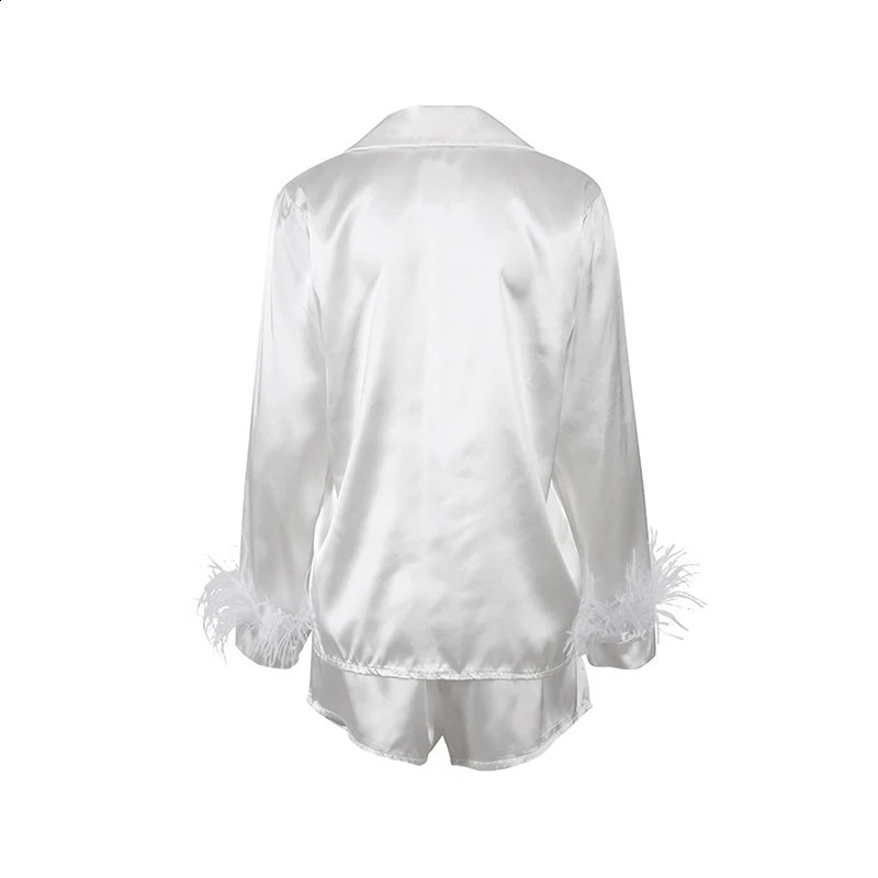 Women 2PCS Pajamas Patchwork Feather Cuffs Solid Color Long Sleeve Lapel Button Shirt with Short Pants Loose Loungewear Outfits 250319