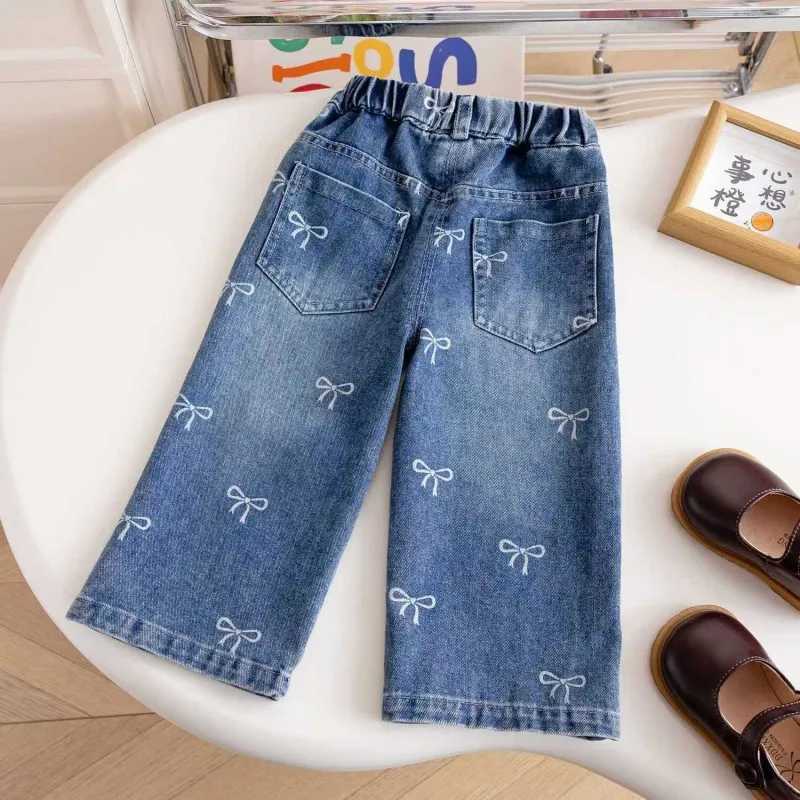 Childrens jeans new clothes girls bow print pants 2025 Korean version fashion pants childrens loose straight leg jeans 1-6 yearsT2502320