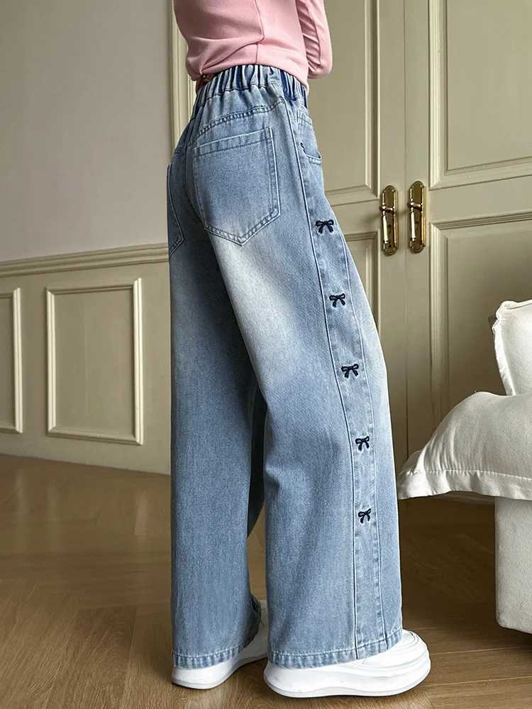 Girls Spring Thin Side Seam Embroidered Bowknot Jeans Loose Straight Wide Leg Denim Pants Teenagers Pure Color Washed TrousersT250326