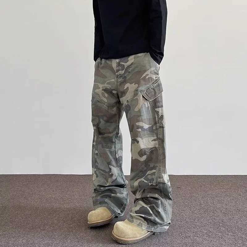 American style retro camouflage unisex pants 2025 Ropa Y2K mens new washed pure cotton straight wide leg pantsT250319