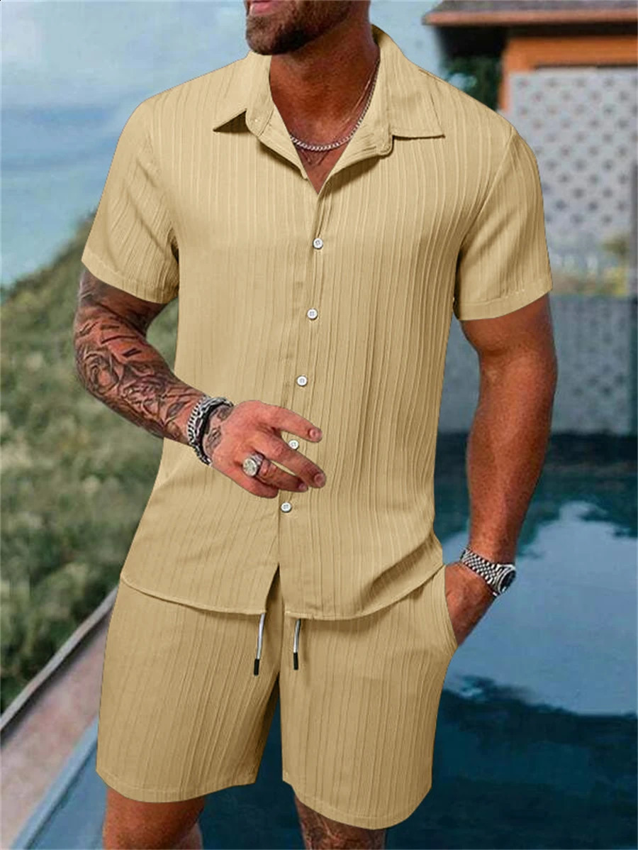 Summer fashion mens beach wear outdoor sports casual shirt solid color loose short sleeved beach shorts two-piece set 250319