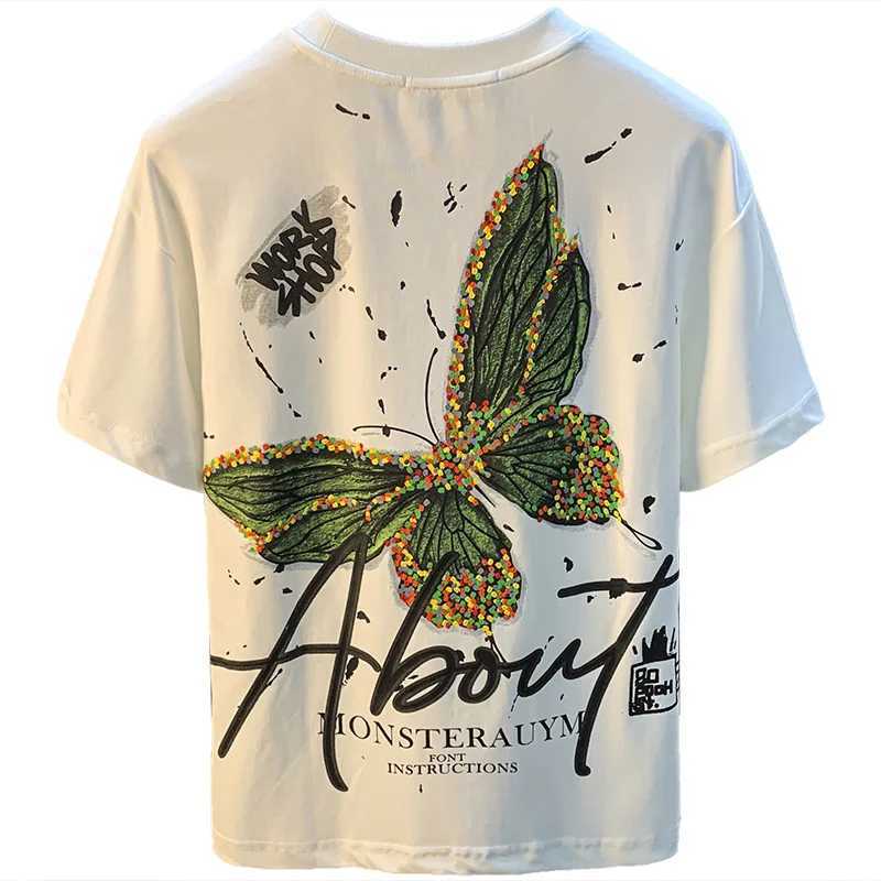 Fashionable painted short sleeved T-shirt mens summer thin butterfly print embroidery high-end luxury half sleeved topT250319