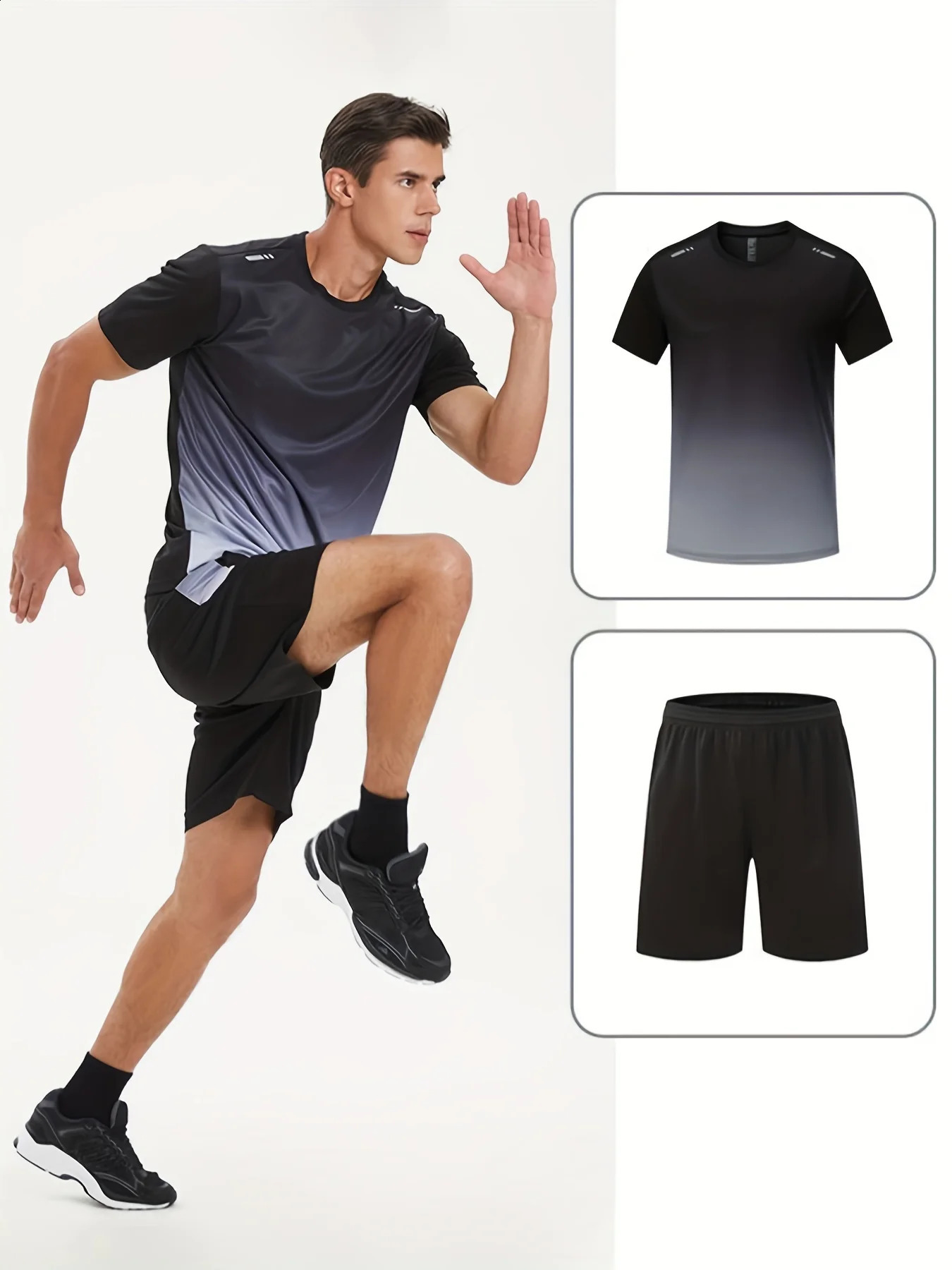 2-piece Mens Summer Basketball Training Running Outfit Set Gradient Short Sleeve T-shirt Quick-drying Shorts Set 250319
