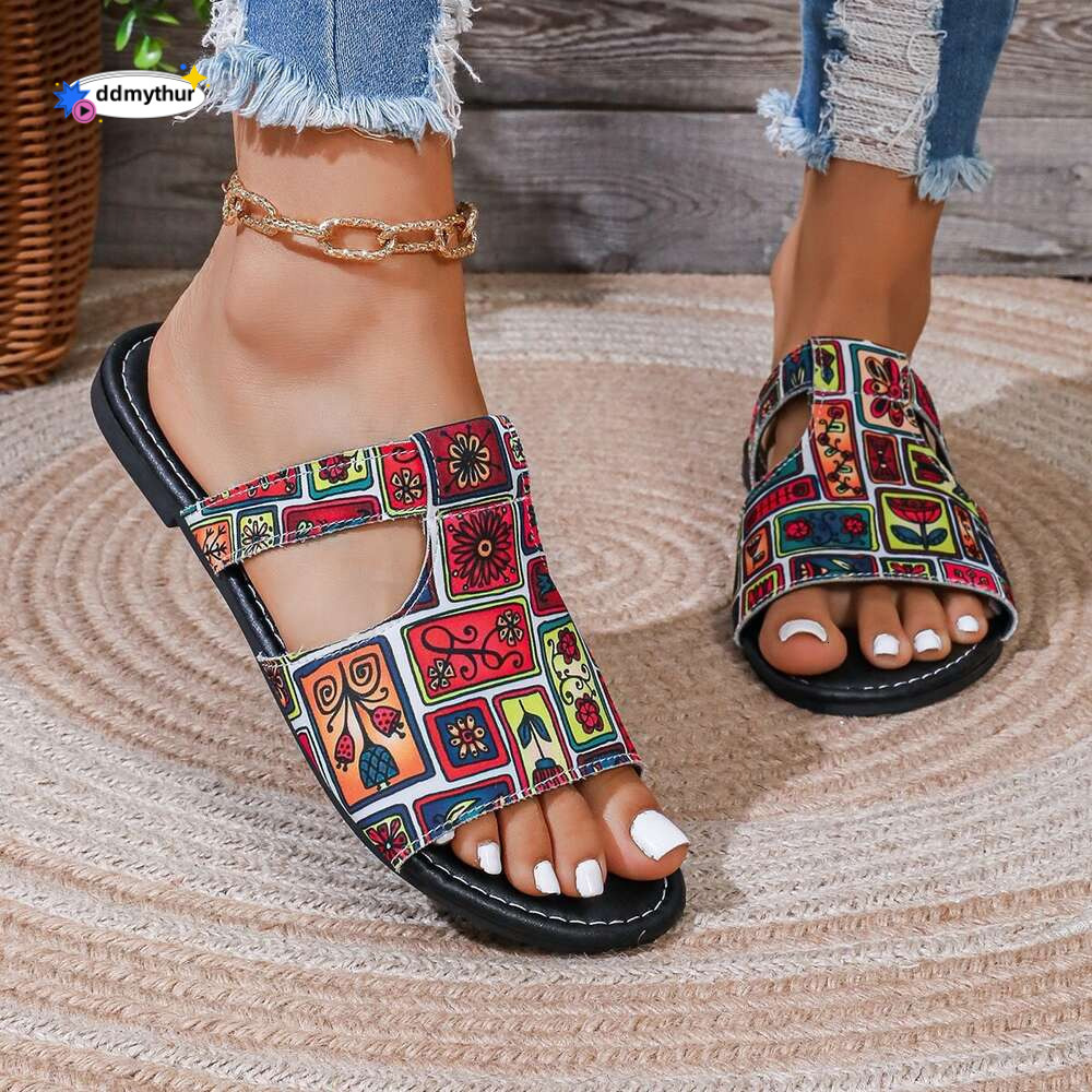 2024 Summer New Breathable Print Color Block Roman Style Women's Flat Bottom Sandals ddmythur