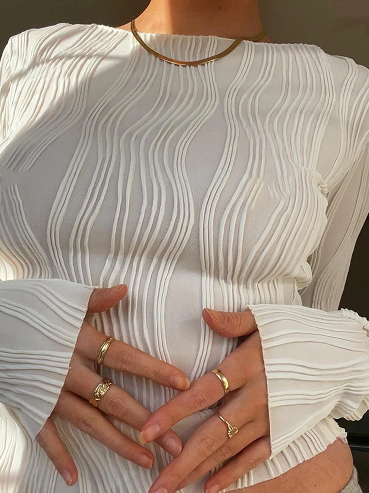Woman Fashion Casual Ruched Long Sleeve T-shirt Blouses Female White Skinny Cropped Bottoming Shirt Autumn Y2K Top Clothes 250320