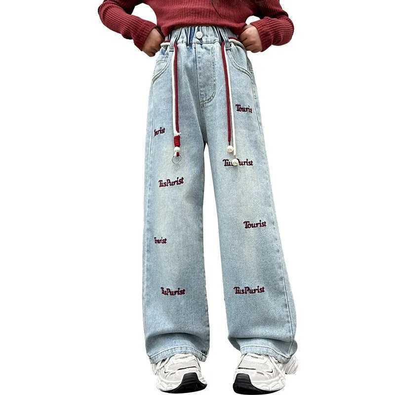 Loose Embroidered Letter Childrens Wide Leg Trouser Casual Elastic Waist Straight Leg Pants Teen Girls Jeans Childrens ClothingT250326