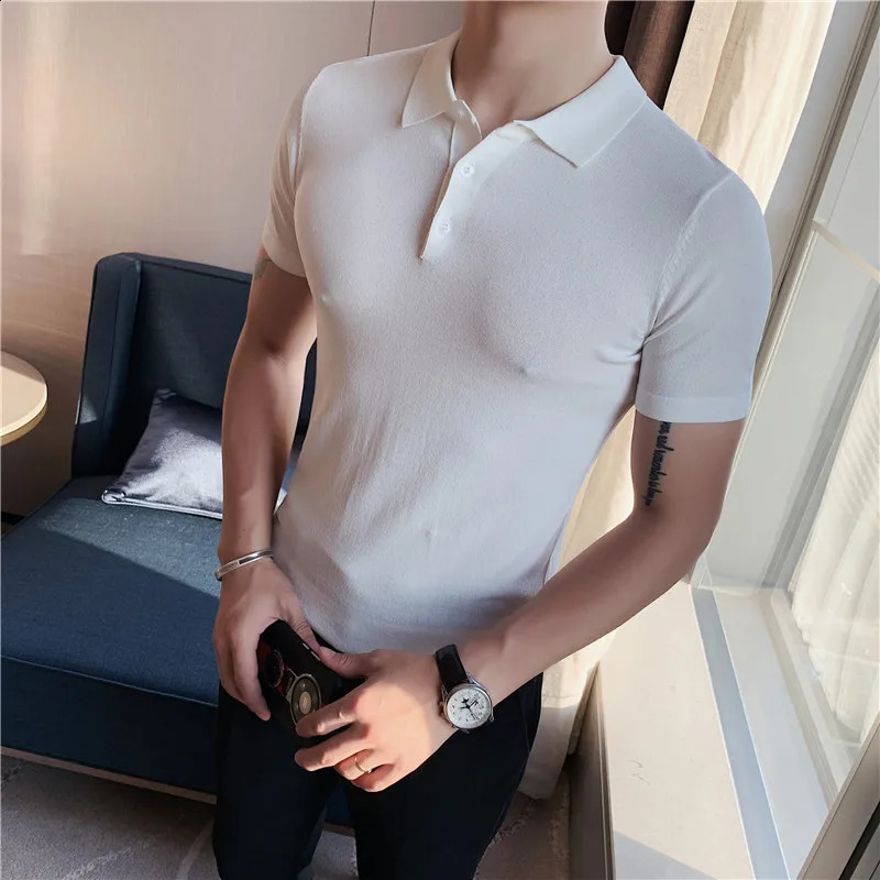 British style summer knitted polo shirt solid color slim fit elastic short sleeved mens business social polo streetwear 250317