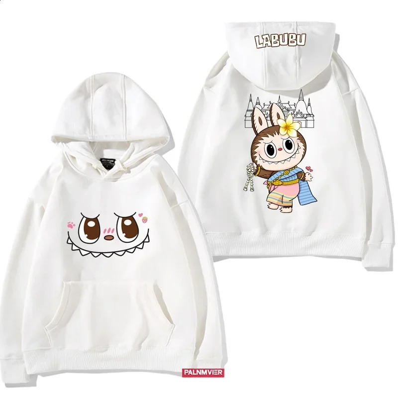 Neutral long sleeved hooded sweatshirt with loose fit and Labubu cartoon print for casual autumn winter cute fashionable comfortable daily wear 250319