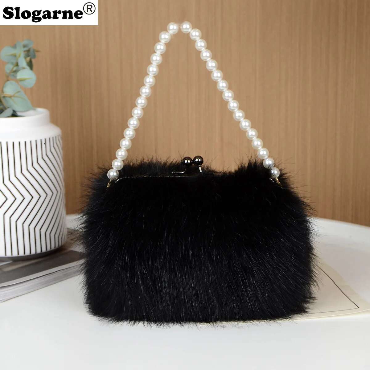 Women's Winter Faux Top Candy Color Pearl Handle Ladies Fox Fur Handbag Female Small Fluffy Clutch Evening Bags
