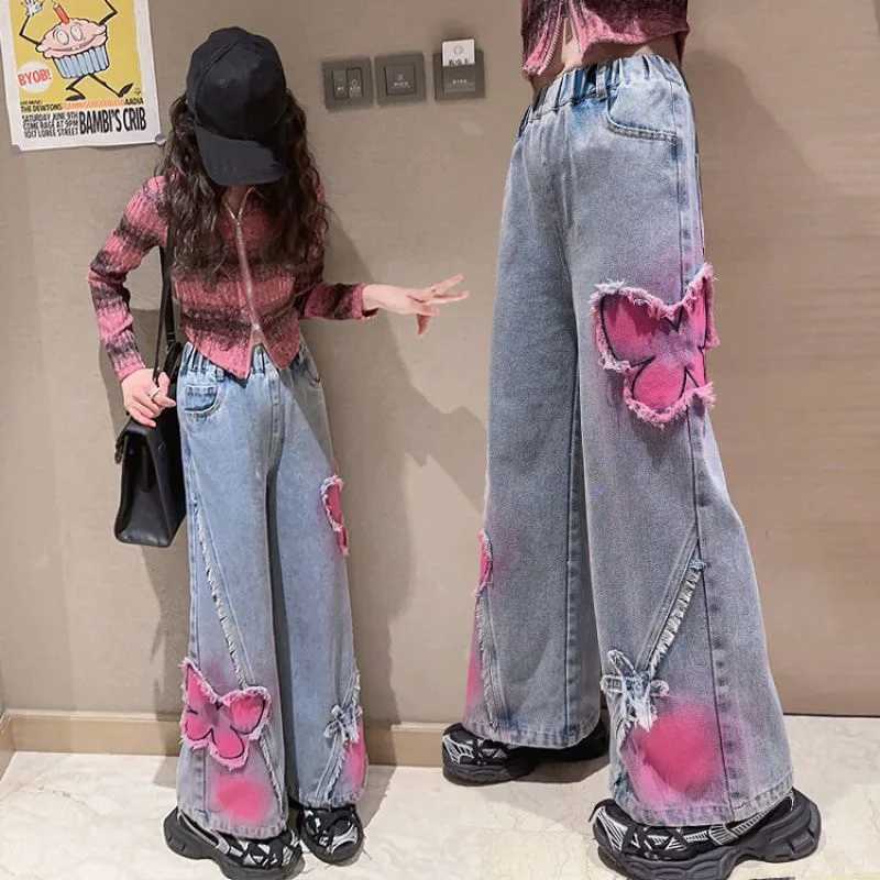 2024 Big Hot Deals Girls Fashion Spray Painting Butterfly Denim Wide Leg Pants High Waist Korean Style Long Jeans Teen TrousersT250326