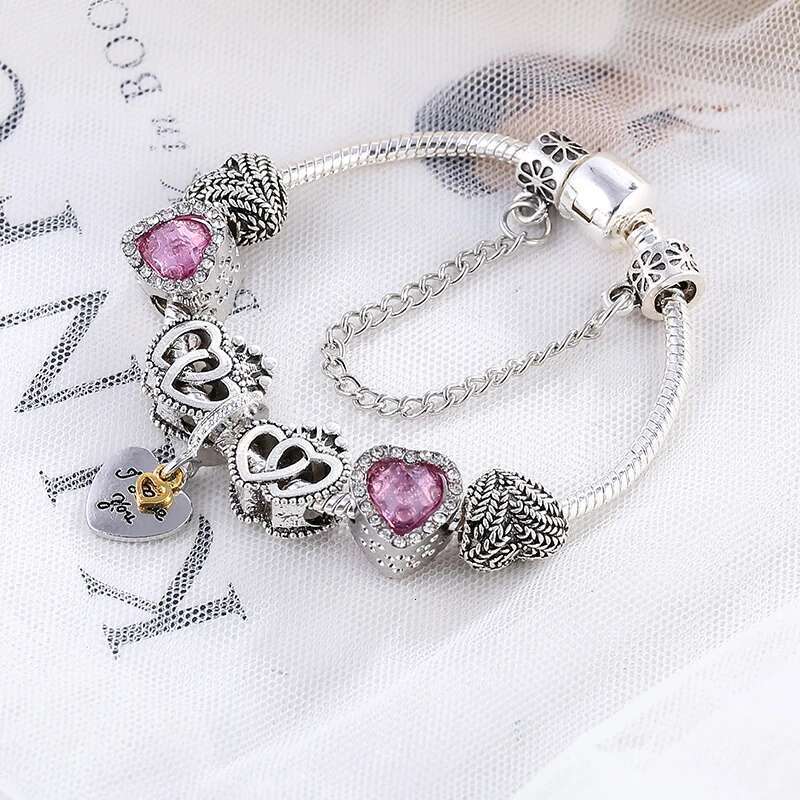I LOVE YOU Pendant Charms Bracelet with Crystal Glass Beads Fit Snake Chain Brand Bracelets For Women Jewelry Pulseira