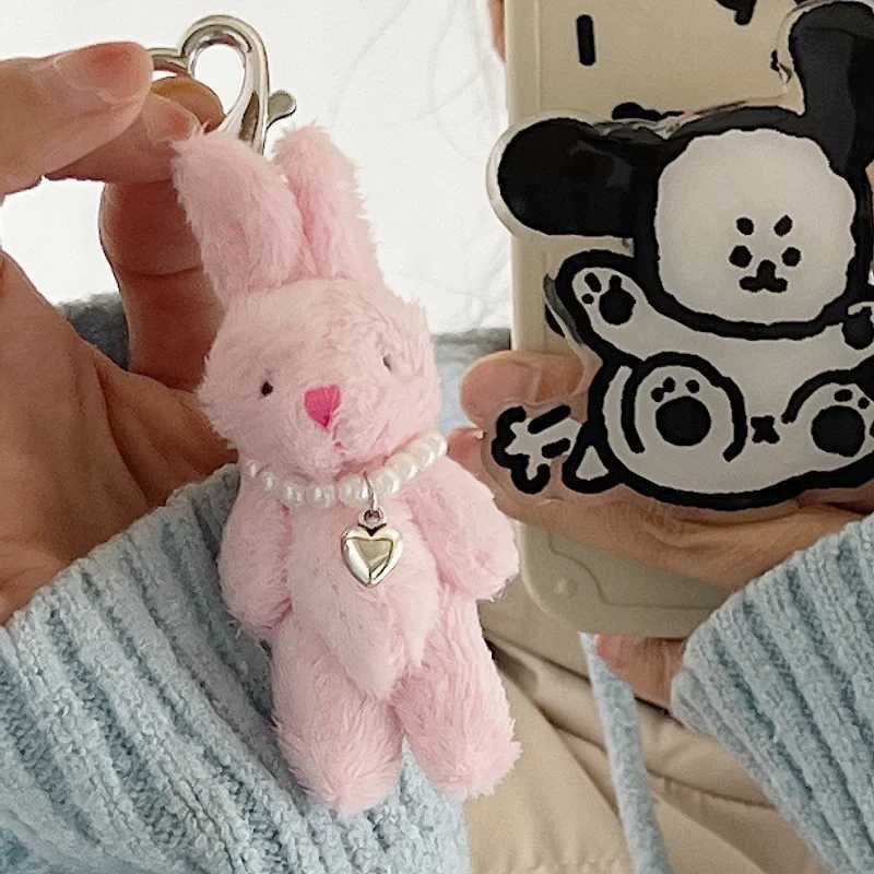 Y2K Handmade Pink Rabbit Keychain Love Heart Beaded Key Ring Plush Doll Backpack Pendant Lobster Clasp Buckle Key Chains GiftsXJ250319
