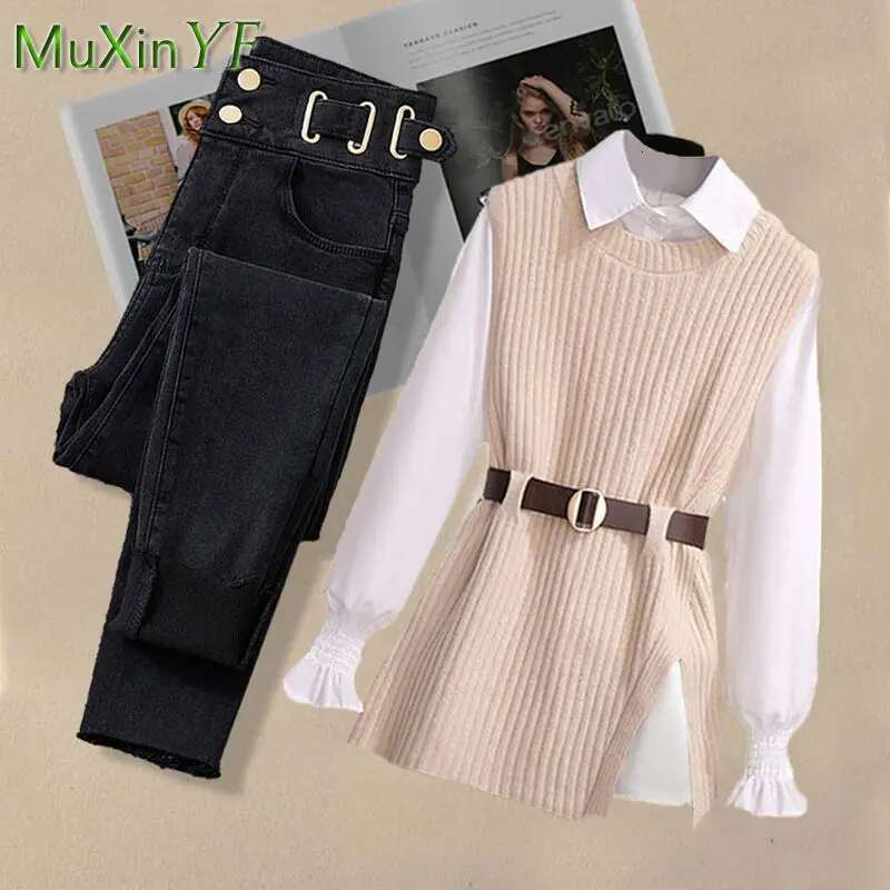 2025 Spring New Korean Elegant In Matching Set Women's Fashion Knitted Vest+Shirt+Jeans Three Piece Female Chic Denim Pants Suit