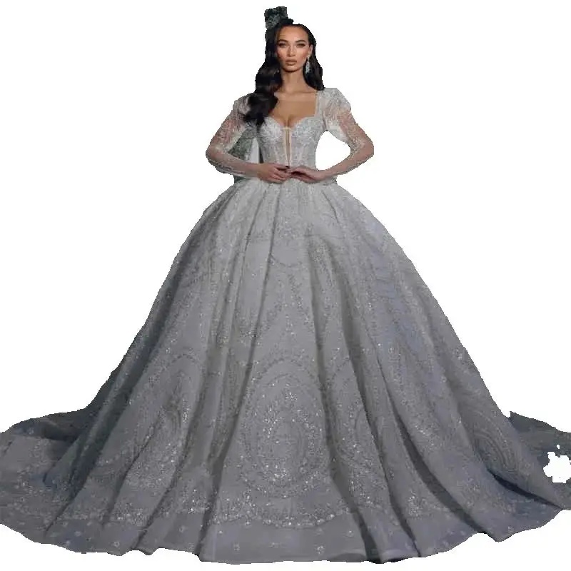 Exquisite Sequined Wedding Dresses Ball Gown Modern Long Sleeve Customized Vestido De Noiva Shiny Beading Lace Bridal Dress