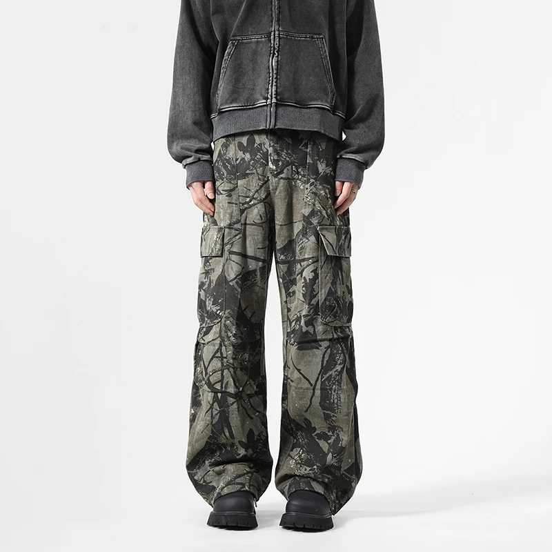 Vintage Leaf Pattern Camouflage Cargo Pants High Street Tide Design Tie-Dye Trousers Side Large Pockets Baggy Casual PantsT250319