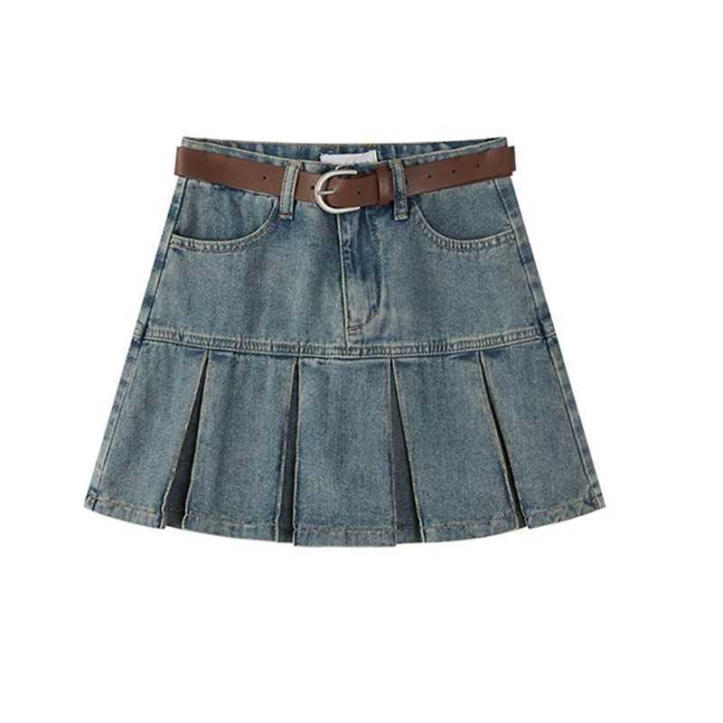 Womens Short Folded Skiing 2024 Summer New College Style High Waist A-Line Short Denim Leather Fashion Blue Denim LeatherXJ250320