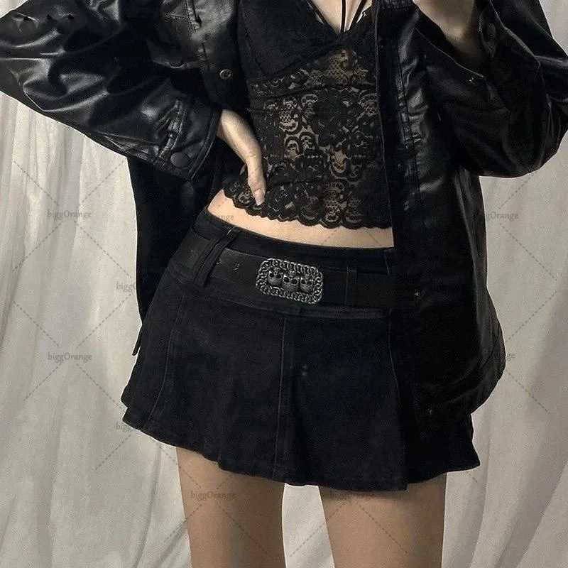 Gothic Punk Sexy Low Waist Leather Jean Skirt Women Harajuku Y2K Streetwear Belt Skirt Vintage Retro Fashion Denim Mini SkirtXJ250320