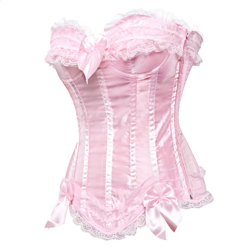 Sexy Lace Overbust Corset Top Women Vintage Satin Bow Bustier Lingerie With Zipper Plus Size Body Shaper Burlesque Corsets 250319