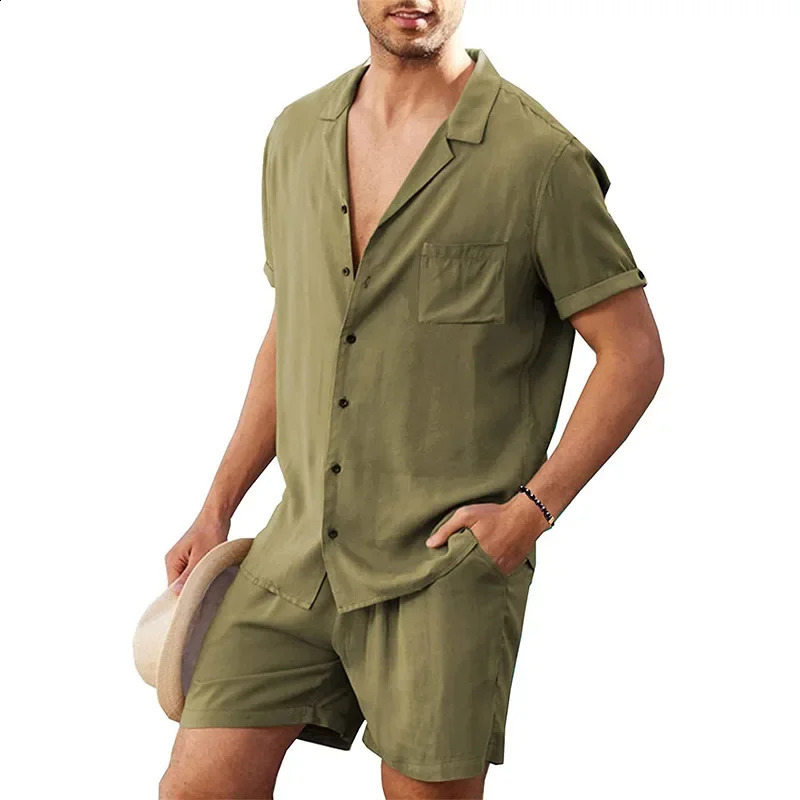 ropa hombre mens linen short sleeved shirt set linen summer loose casual cotton cardigan shirt shorts 250319