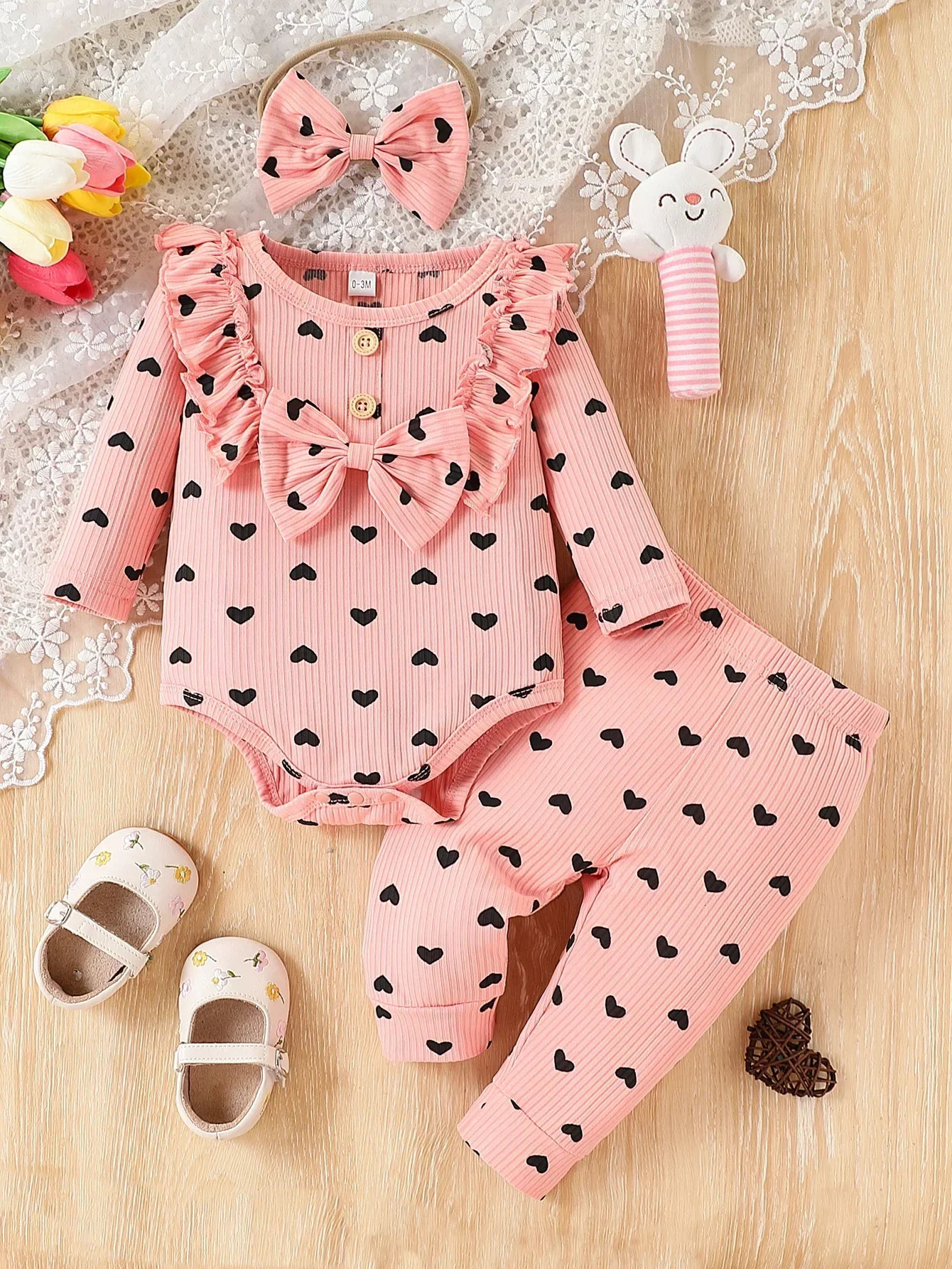 3PCS born Baby Girl Clothes Set with Heart Print Romper Pants Headband Infant Outfits 250319