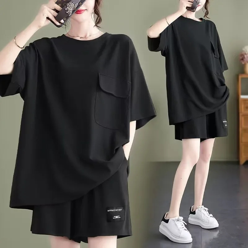 Plus Size Summer Loose-fit Womens Sports Shorts Set Casual T-shirt 2-piece Versatile Solid Color Simple n 250320
