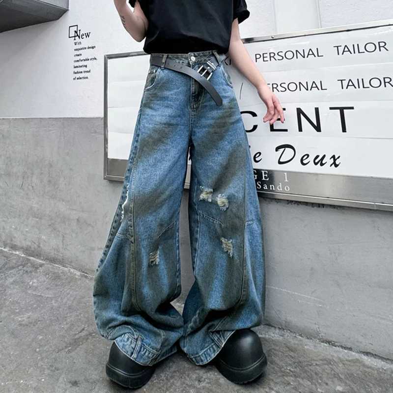 IEFB American Style Mens Jeans Dirty-dye Flip Design Wide Leg Pants High Street MenWear Male Denim Trousers New Stylish 9C7025T250319