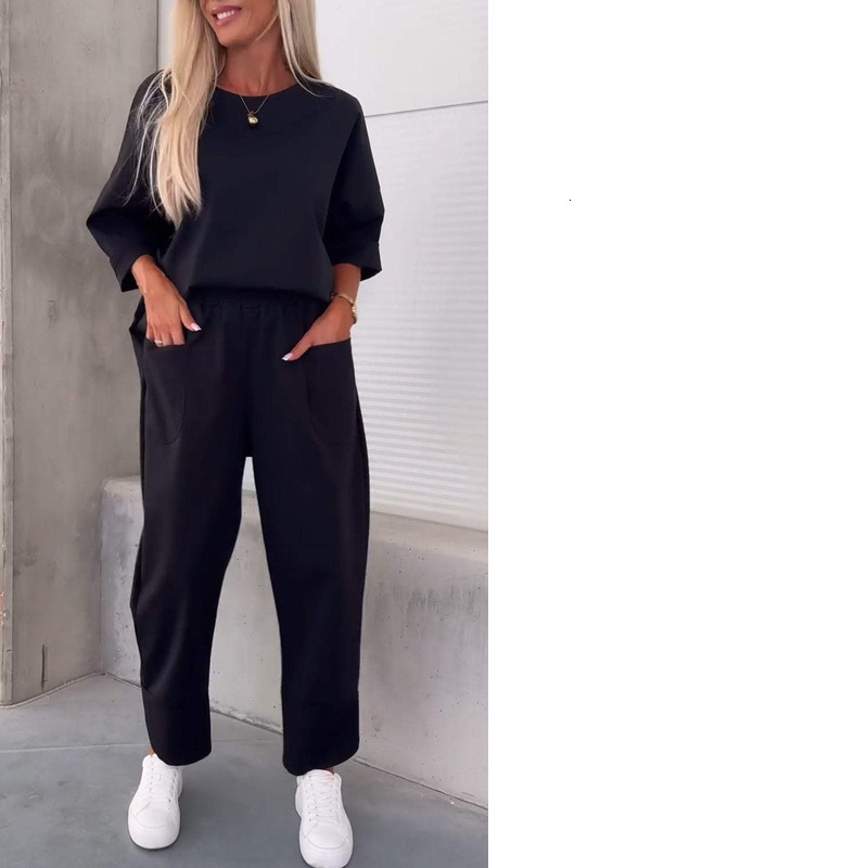 2024 Autumn Women's Loose Casual Two-Piece Solid Color Round Neck Cropped Pants Set For Women