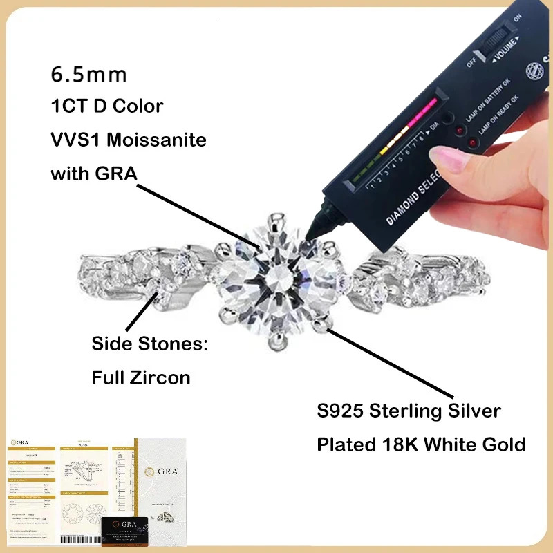 FEOBUR 1CT Moissanite Diamond Engagement Ring with Certificate Promise Rings 925 Sterling Silver Wedding Band for Women Jewelry