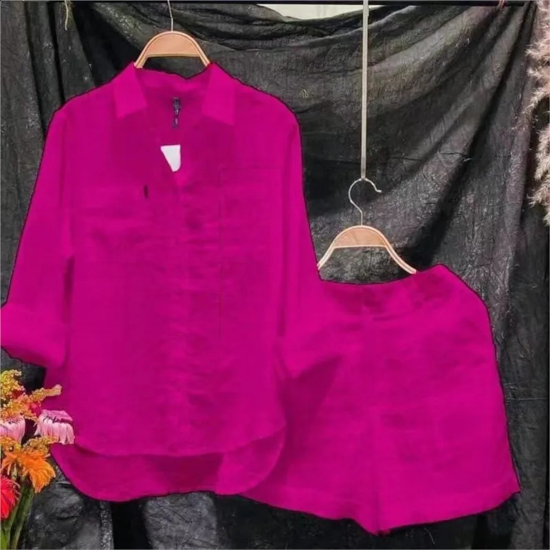Summer Cotton Linen Casual Home 2 Piece Set For Women Fashion White Long Sleeve Shirt And Shorts Two Piece Sets Tracksuit 250318