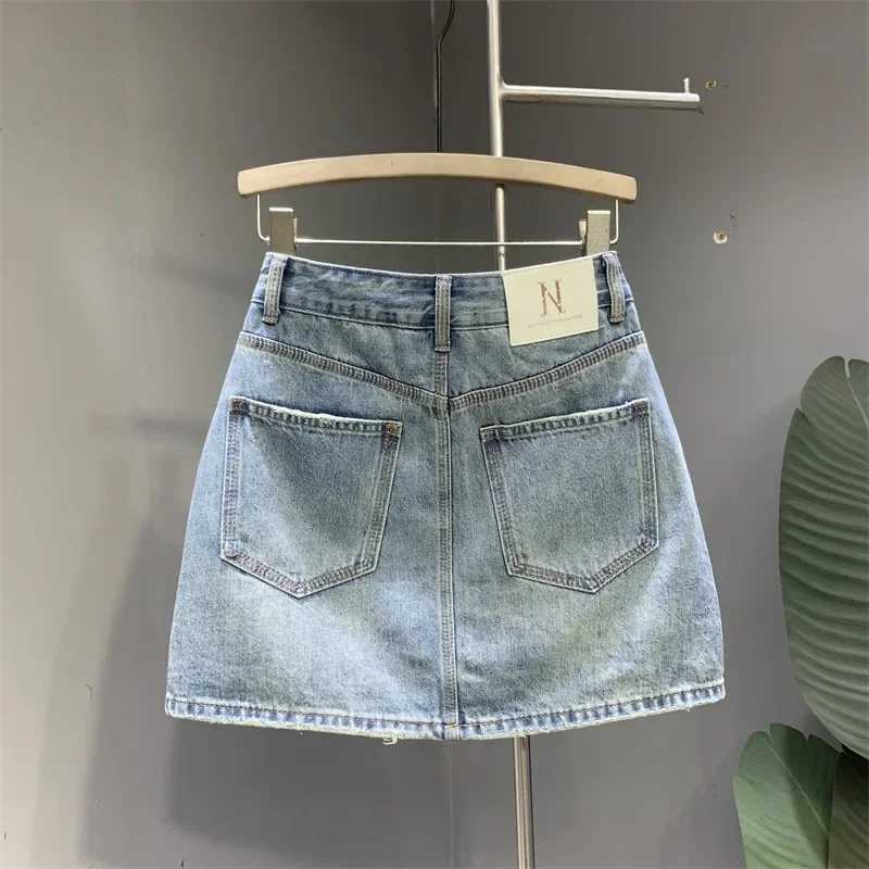 Fashion pocket light blue washed A-Line denim mini dress 2024 summer new Korean version Ele Simple Bodycon SkirtXJ250320