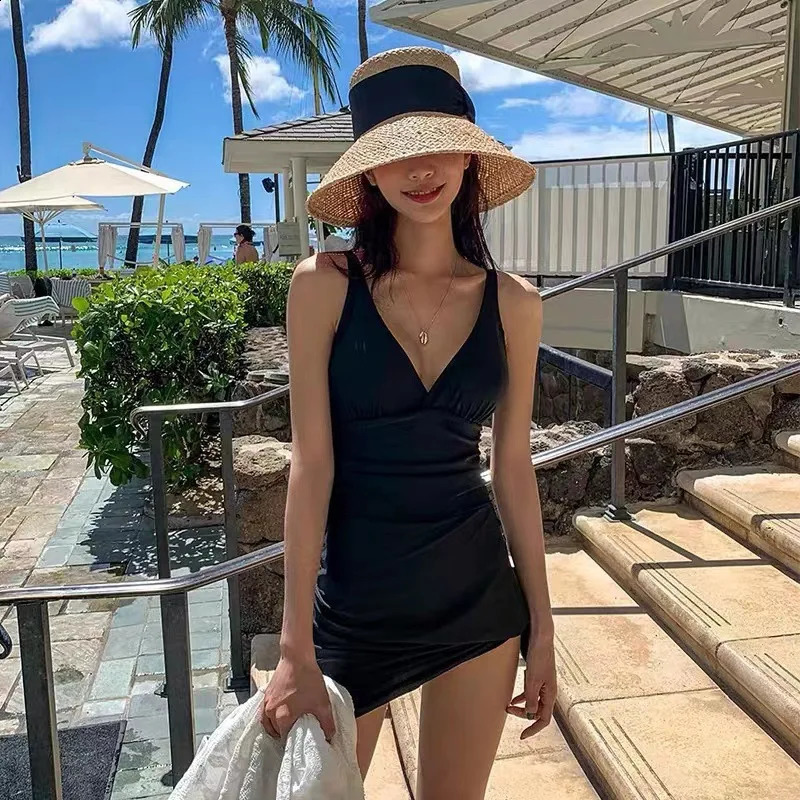 Black Dress Style One Piece Swimsuit for Women Sexy Spring Spa Modest Swimwear Bathing Suit Korean Style 250319
