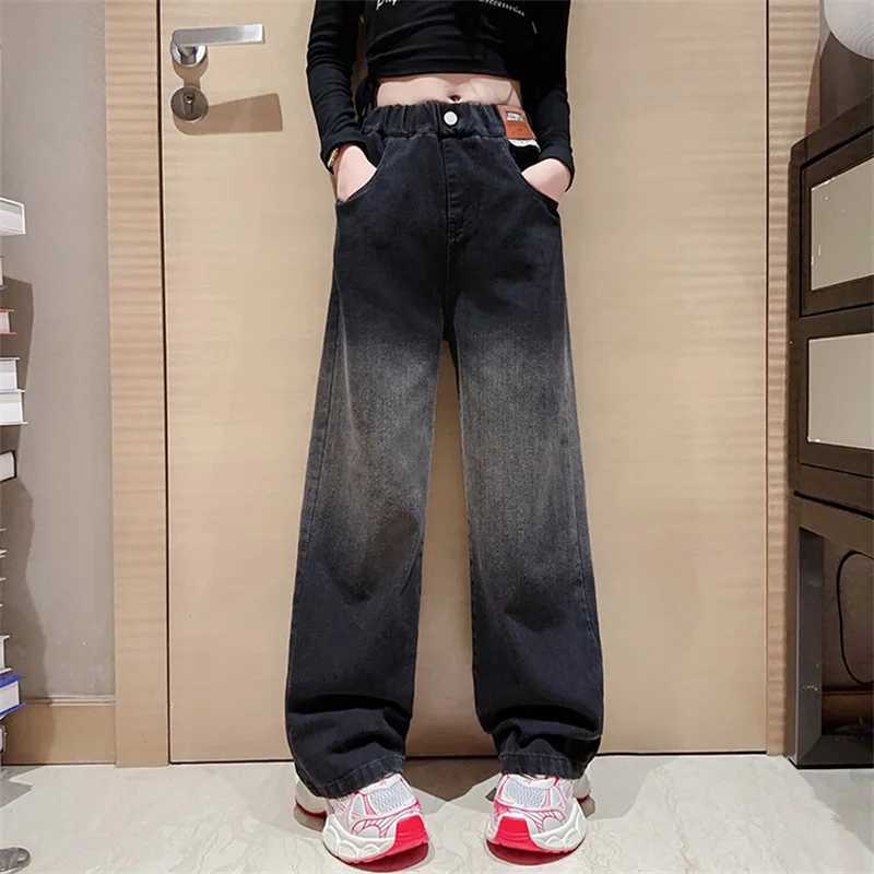 Girls Spring and Autumn Jeans 2024 Korean Childrens Edition Gradient Wide Leg Pants 6-15 Years OldT250326