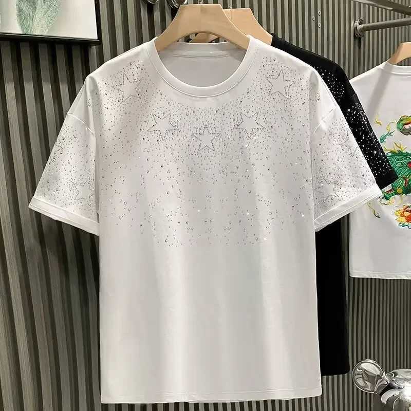 Fashion Trends European Style Luxury Mens Short Sleeve T-shirt Star Embroidery Diamond Mesh Dividend Base Half Sleeve T-shirtT250319