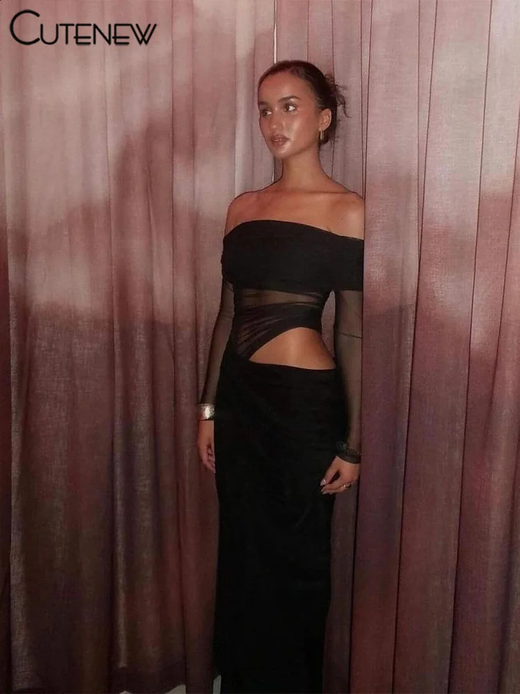 Cute Mesh Ruched Women Maxi Dress Sexy See Through Off Shoulder Long Sleeve Sheath Vestidos Female Midnight Party Solid Robe 250319